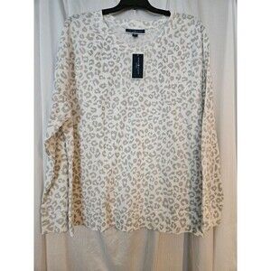 NWT Karen Scott Leopard Print Long Sleeve Waffle Knit Thermal Top XXL White